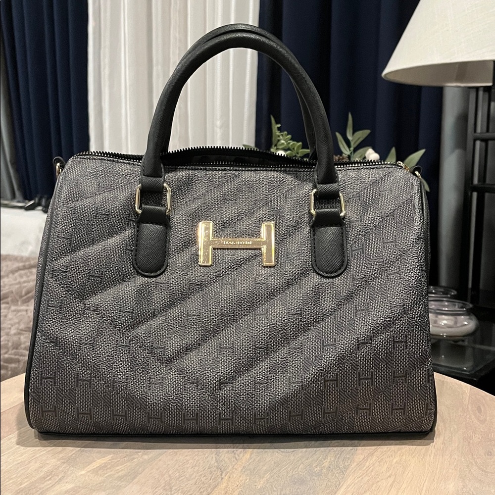 Halston Heritage Black and Gold Boston Bag